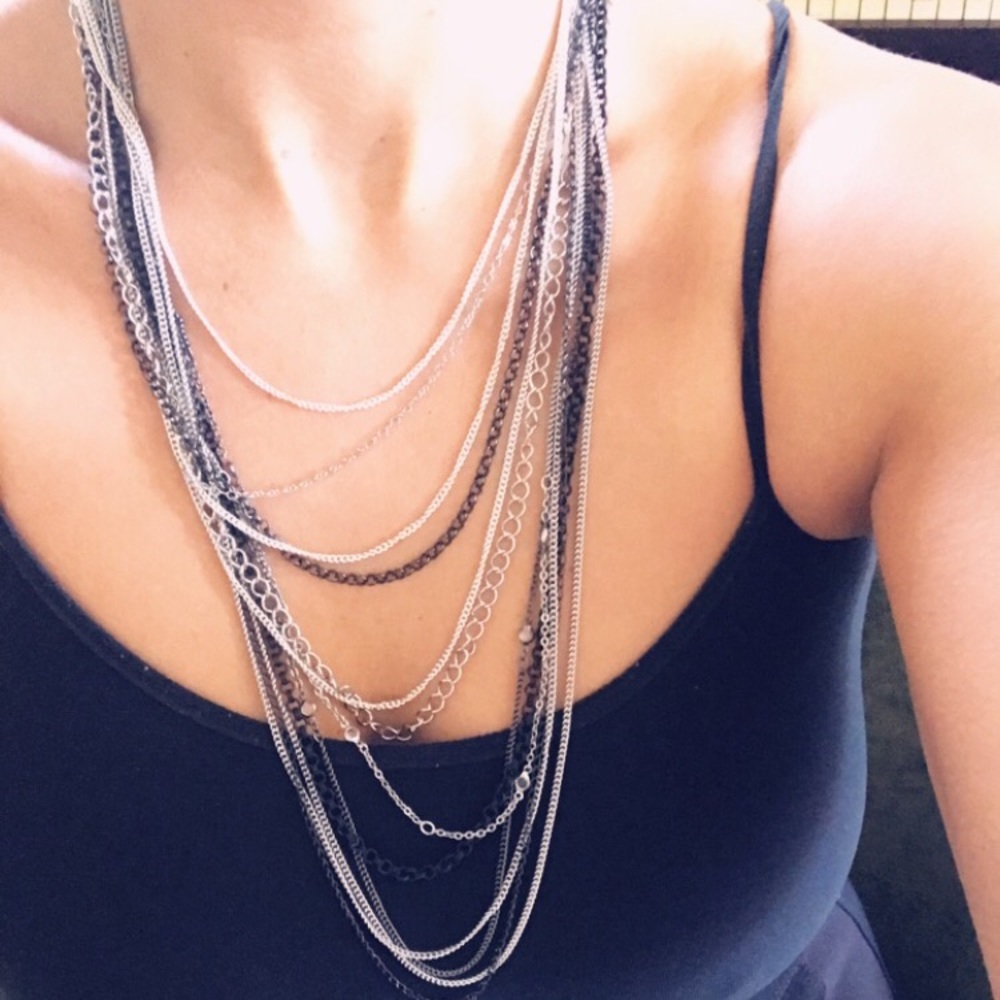 Multi layered silver and black chain long necklace
